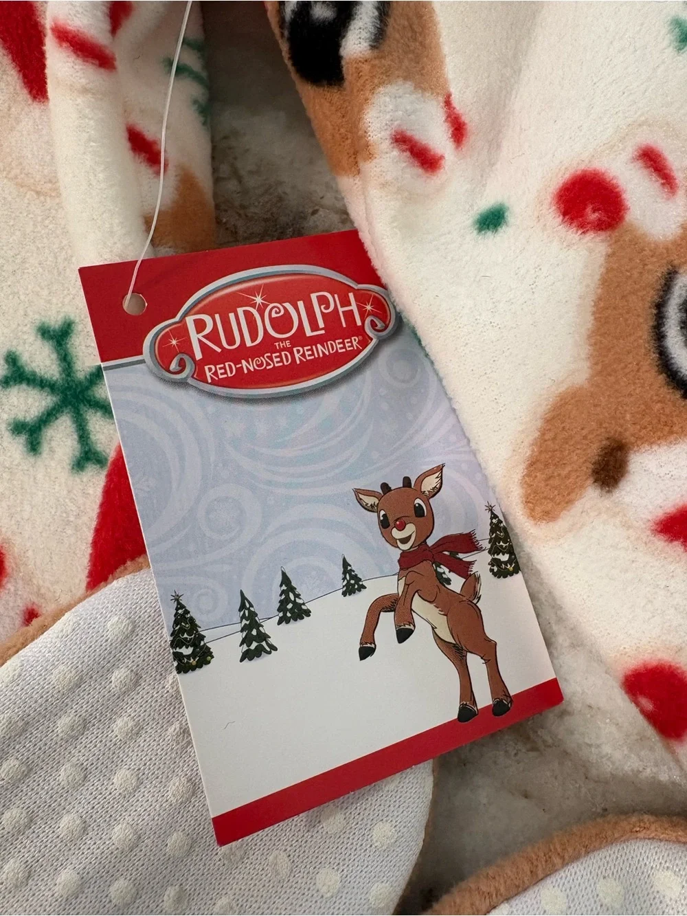 Kids Plush Footed One-Piece Pajamas - Red & Cream Reindeer Print